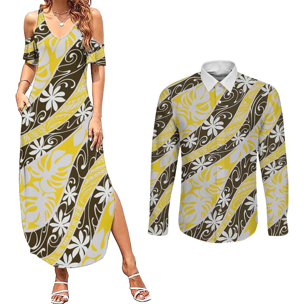 Rearea Tahiti Tiare Monstera Couples Matching Summer Maxi Dress and Long Sleeve Button Shirt Polynesian Pattern Curve Style LT01 Yellow - Polynesian Pride