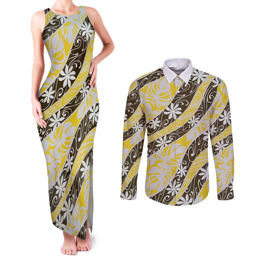 Rearea Tahiti Tiare Monstera Couples Matching Tank Maxi Dress and Long Sleeve Button Shirt Polynesian Pattern Curve Style LT01 Yellow - Polynesian Pride