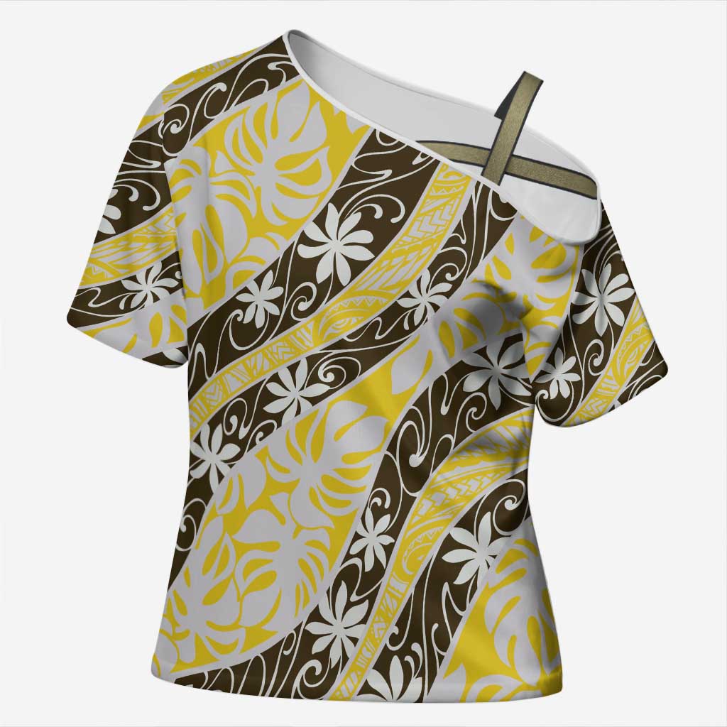 Rearea Tahiti Tiare Monstera Cross Shoulder Shirt Polynesian Pattern Curve Style LT01 Female Yellow - Polynesian Pride