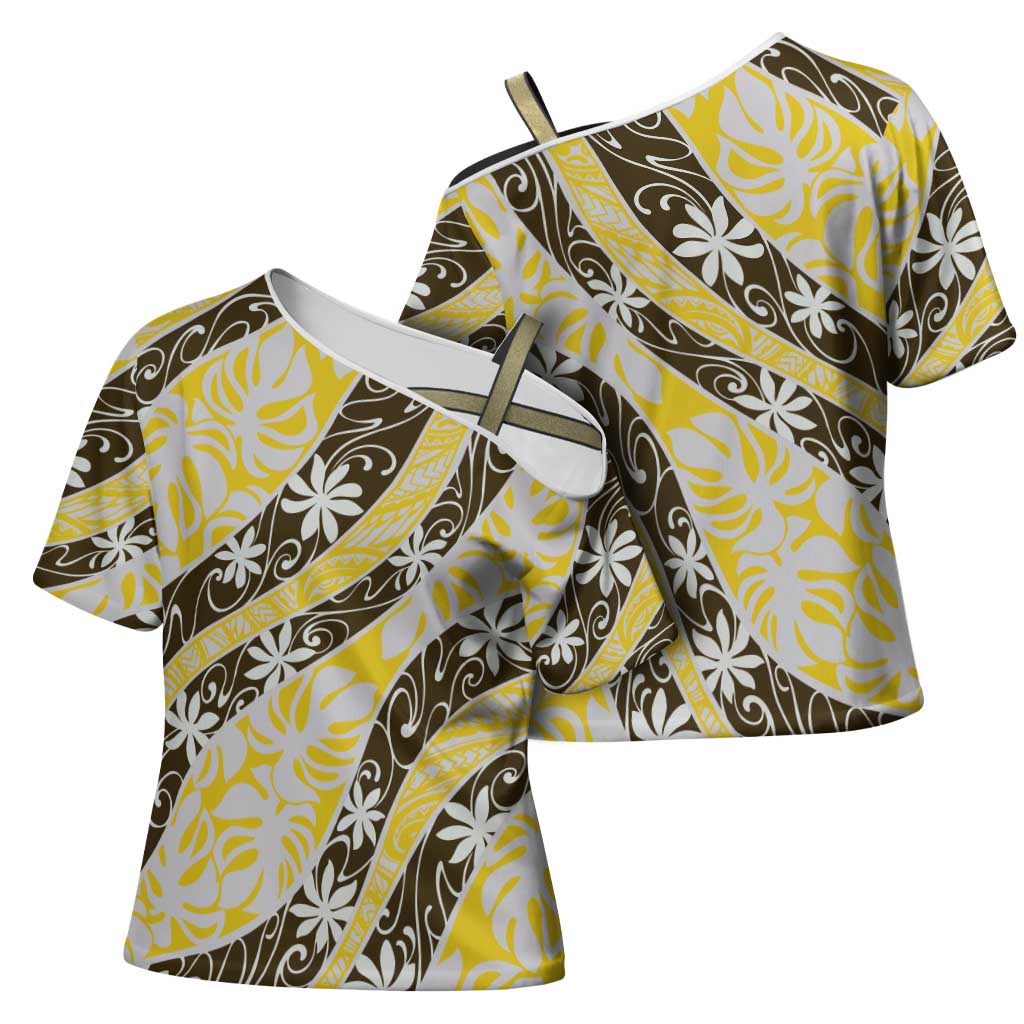 Rearea Tahiti Tiare Monstera Cross Shoulder Shirt Polynesian Pattern Curve Style LT01 - Polynesian Pride