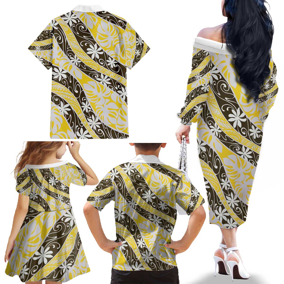 Rearea Tahiti Tiare Monstera Family Matching Off The Shoulder Long Sleeve Dress and Hawaiian Shirt Polynesian Pattern Curve Style - Polynesian Pride