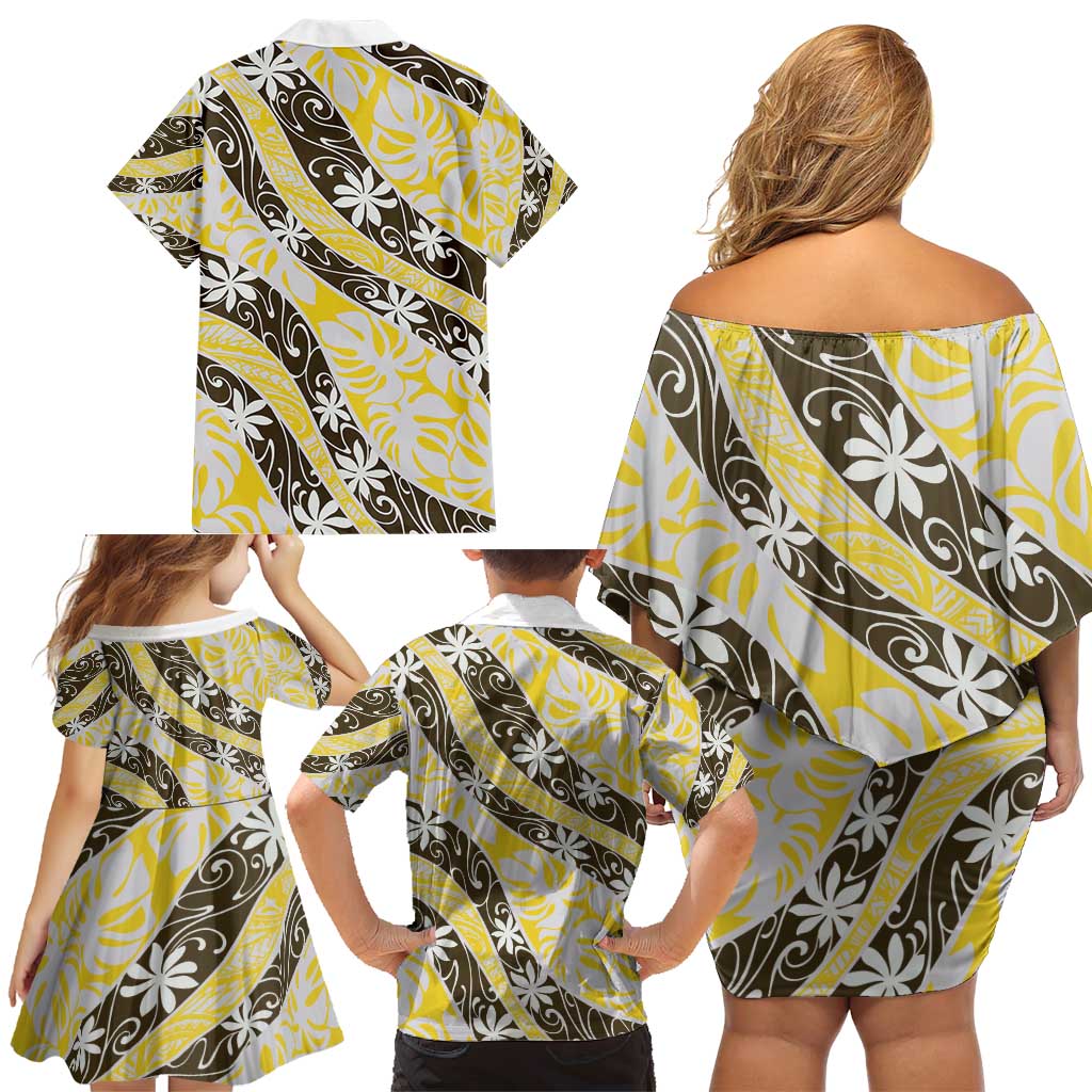 Rearea Tahiti Tiare Monstera Family Matching Off Shoulder Short Dress and Hawaiian Shirt Polynesian Pattern Curve Style - Polynesian Pride