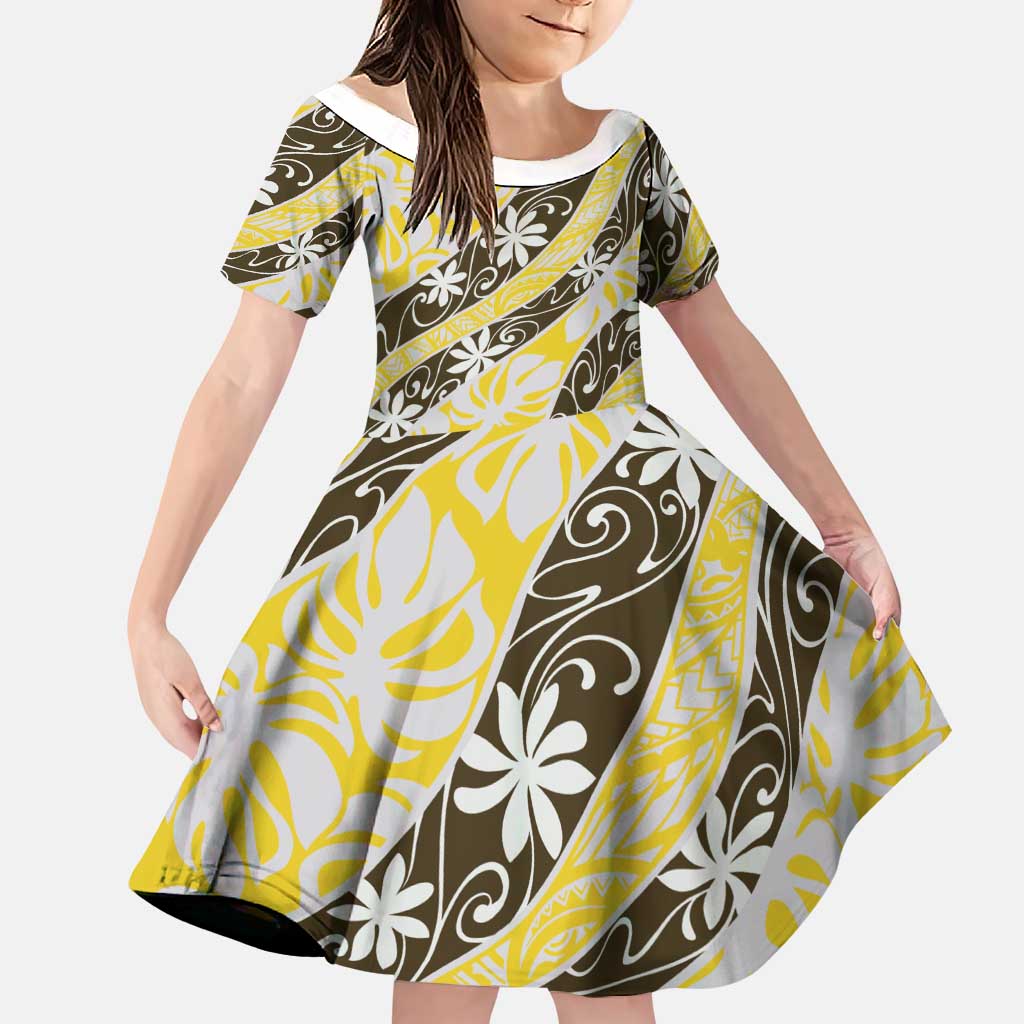 Rearea Tahiti Tiare Monstera Family Matching Puletasi and Hawaiian Shirt Polynesian Pattern Curve Style LT01 Daughter's Dress Yellow - Polynesian Pride
