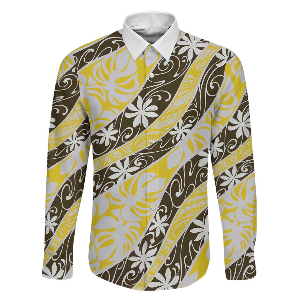 Rearea Tahiti Tiare Monstera Family Matching Puletasi and Hawaiian Shirt Polynesian Pattern Curve Style LT01 Dad's Shirt - Long Sleeve Yellow - Polynesian Pride