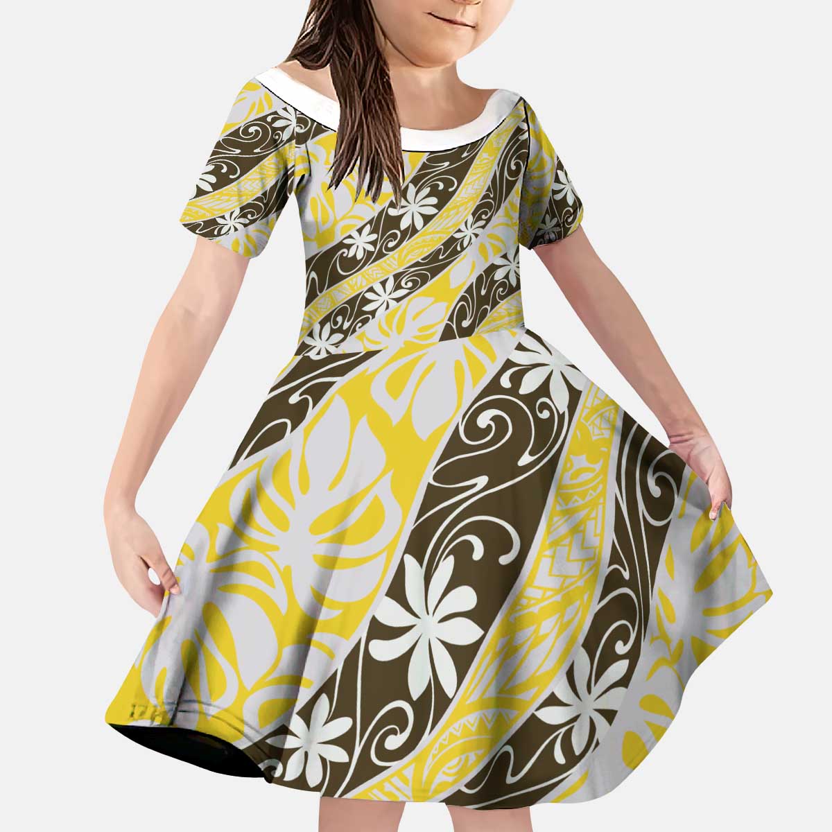 Rearea Tahiti Tiare Monstera Kid Short Sleeve Dress Polynesian Pattern Curve Style - Polynesian Pride