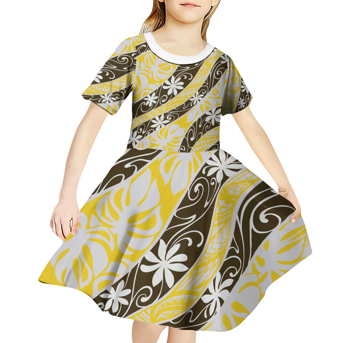Rearea Tahiti Tiare Monstera Kid Short Sleeve Dress Polynesian Pattern Curve Style - Polynesian Pride