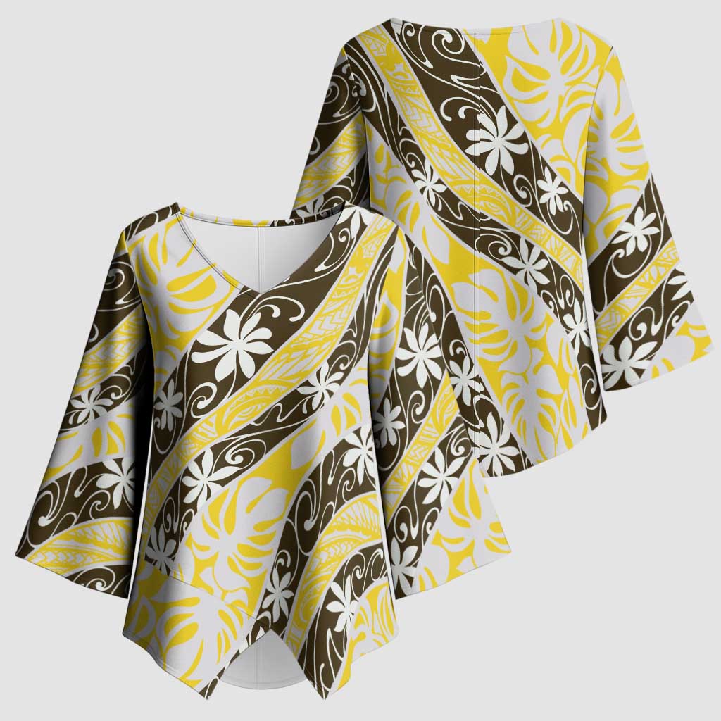 Rearea Tahiti Tiare Monstera Kimono Sleeve Blouse Polynesian Pattern Curve Style - Polynesian Pride