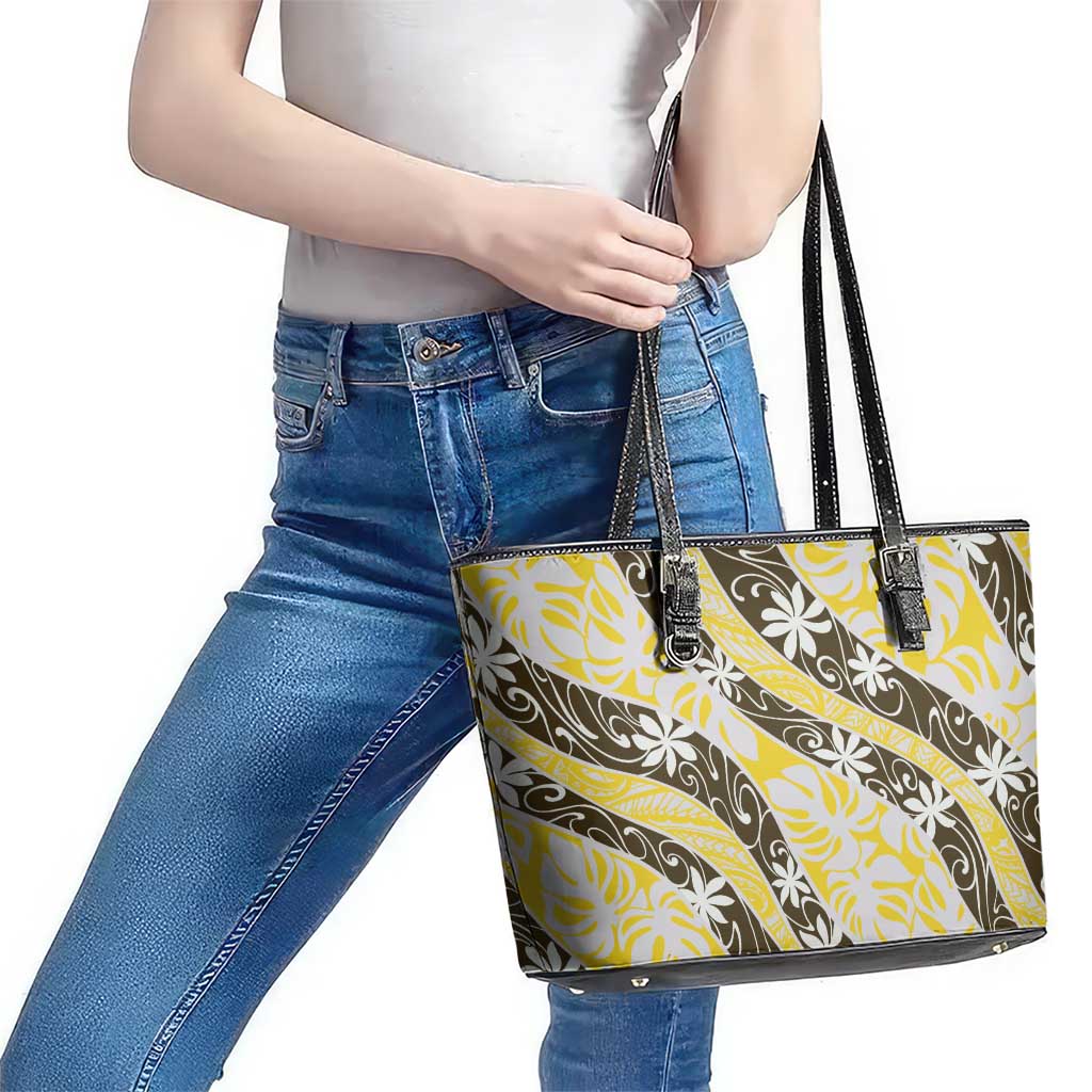 Rearea Tahiti Tiare Monstera Leather Tote Bag Polynesian Pattern Curve Style - Polynesian Pride