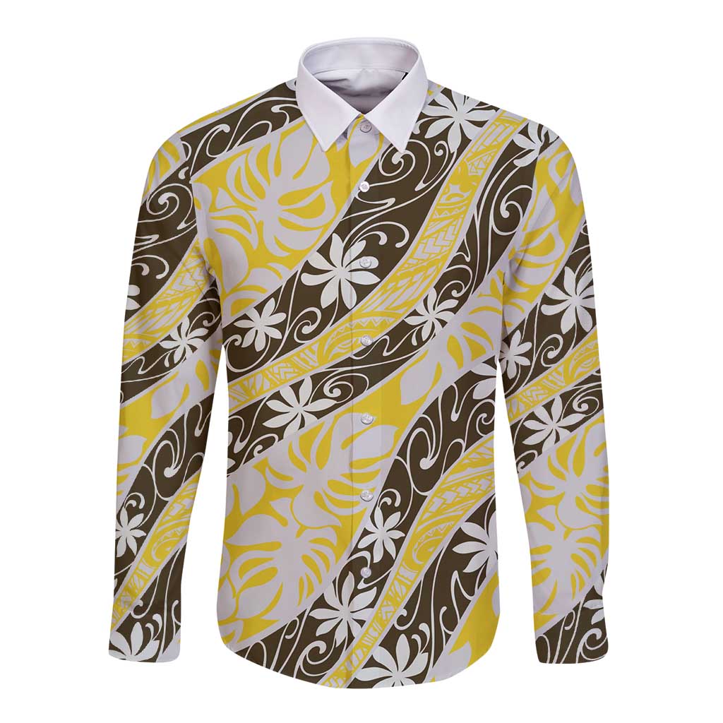 Rearea Tahiti Tiare Monstera Long Sleeve Button Shirt Polynesian Pattern Curve Style LT01 Unisex Yellow - Polynesian Pride