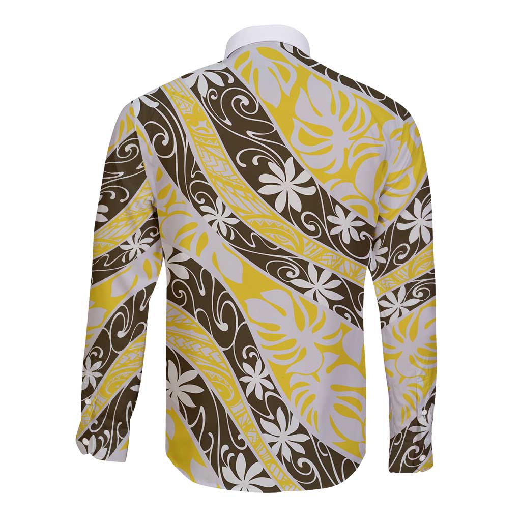 Rearea Tahiti Tiare Monstera Long Sleeve Button Shirt Polynesian Pattern Curve Style LT01 - Polynesian Pride