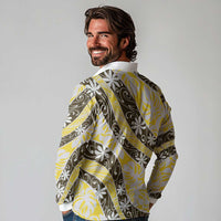 Rearea Tahiti Tiare Monstera Long Sleeve Polo Shirt Polynesian Pattern Curve Style - Polynesian Pride
