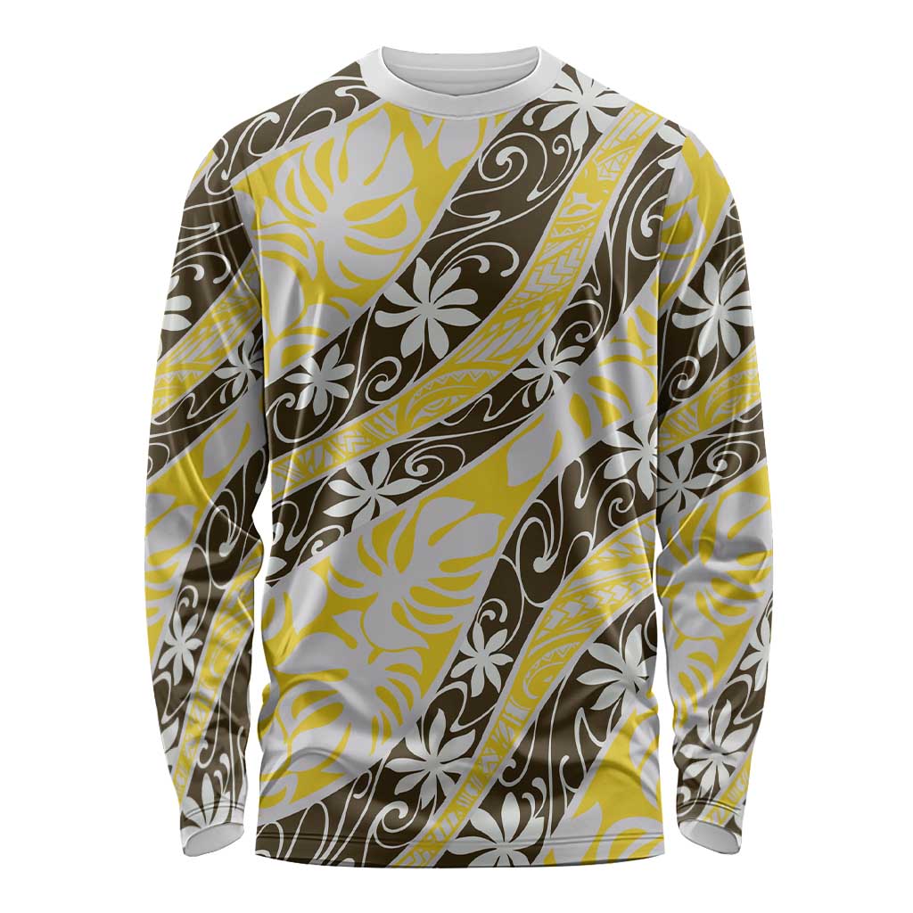 Rearea Tahiti Tiare Monstera Long Sleeve Shirt Polynesian Pattern Curve Style LT01 Unisex Yellow - Polynesian Pride