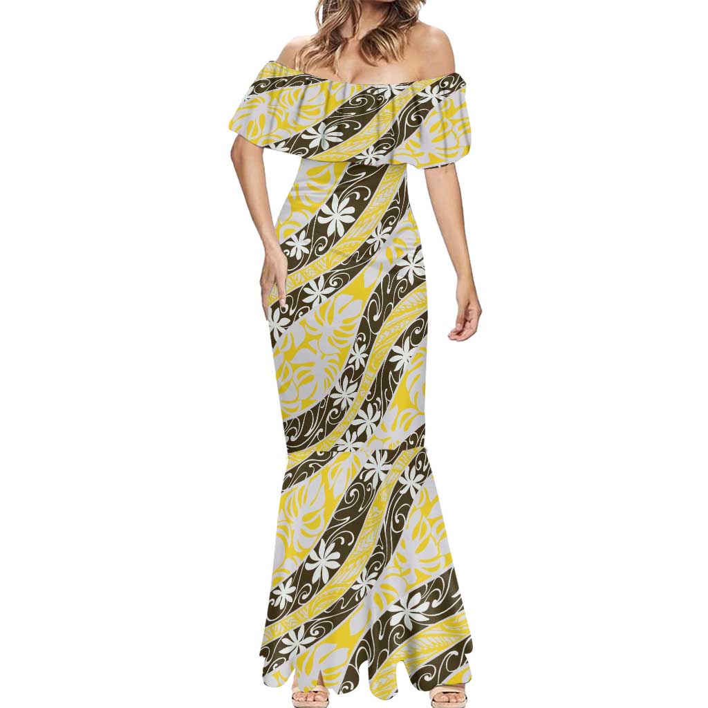 Rearea Tahiti Tiare Monstera Mermaid Dress Polynesian Pattern Curve Style - Polynesian Pride