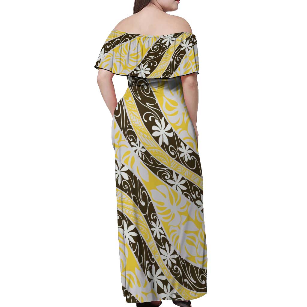 Rearea Tahiti Tiare Monstera Off Shoulder Maxi Dress Polynesian Pattern Curve Style - Polynesian Pride