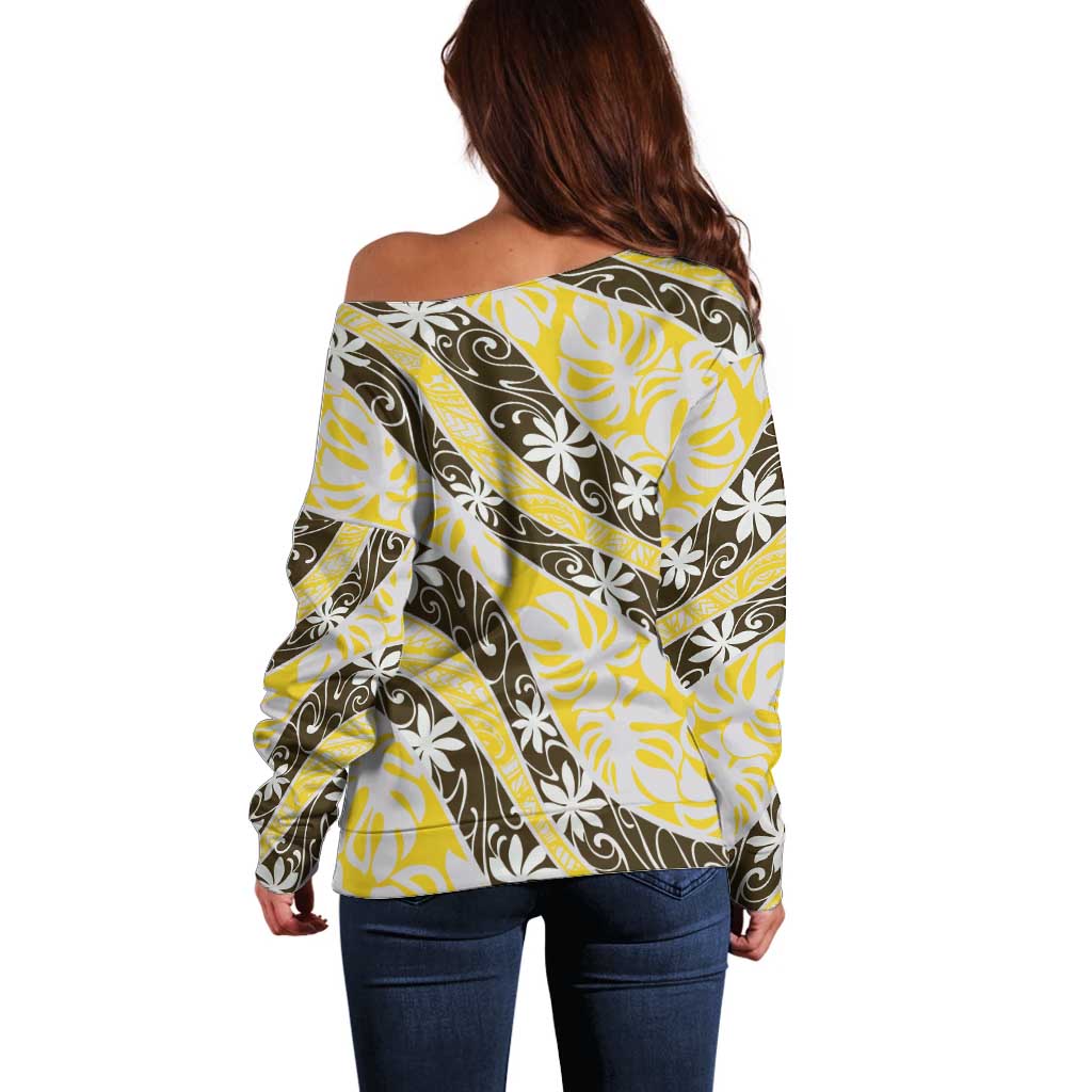 Rearea Tahiti Tiare Monstera Off Shoulder Sweater Polynesian Pattern Curve Style LT01 - Polynesian Pride