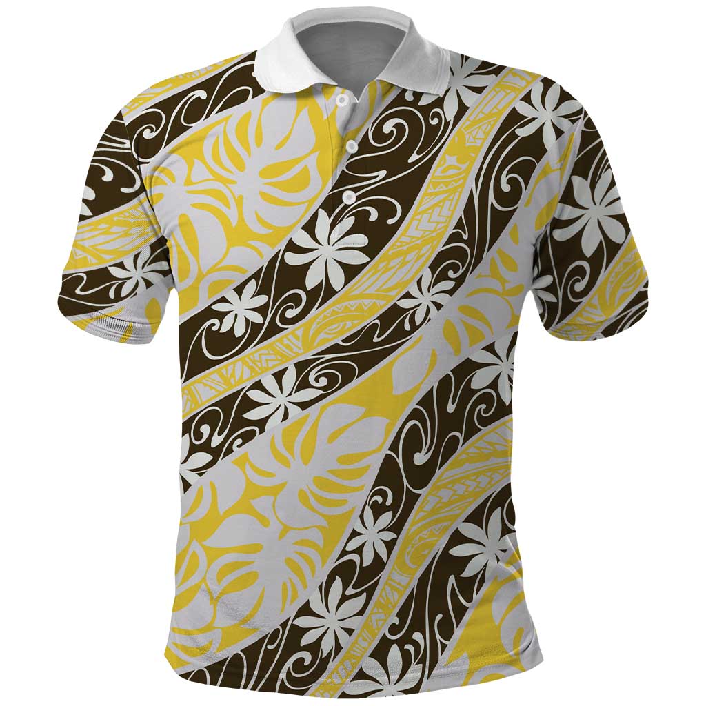 Rearea Tahiti Tiare Monstera Polo Shirt Polynesian Pattern Curve Style - Polynesian Pride