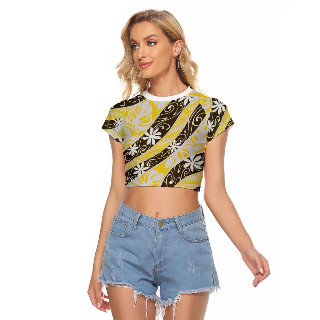 Rearea Tahiti Tiare Monstera Raglan Cropped T Shirt Polynesian Pattern Curve Style LT01 Female Yellow - Polynesian Pride