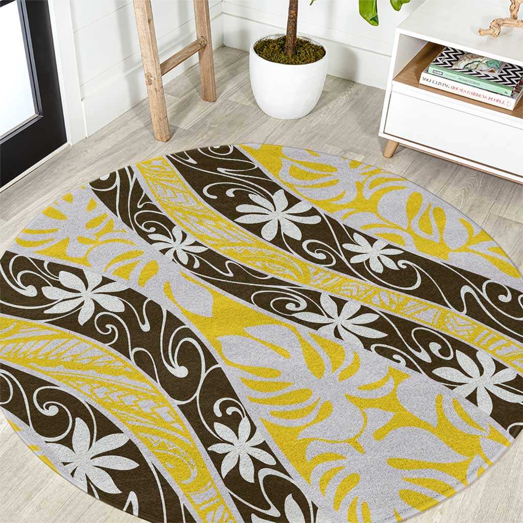 Rearea Tahiti Tiare Monstera Round Carpet Polynesian Pattern Curve Style LT01 Yellow - Polynesian Pride