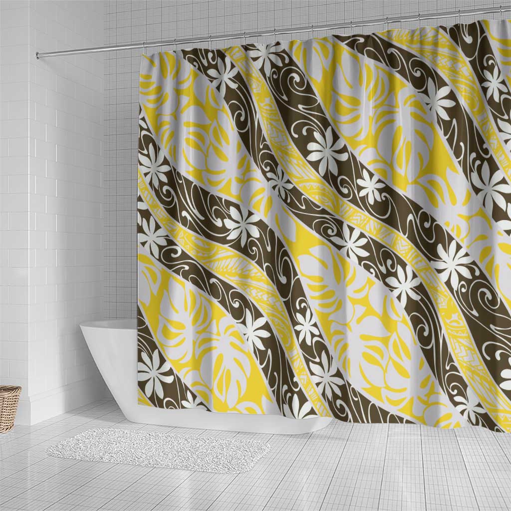 Rearea Tahiti Tiare Monstera Shower Curtain Polynesian Pattern Curve Style - Polynesian Pride
