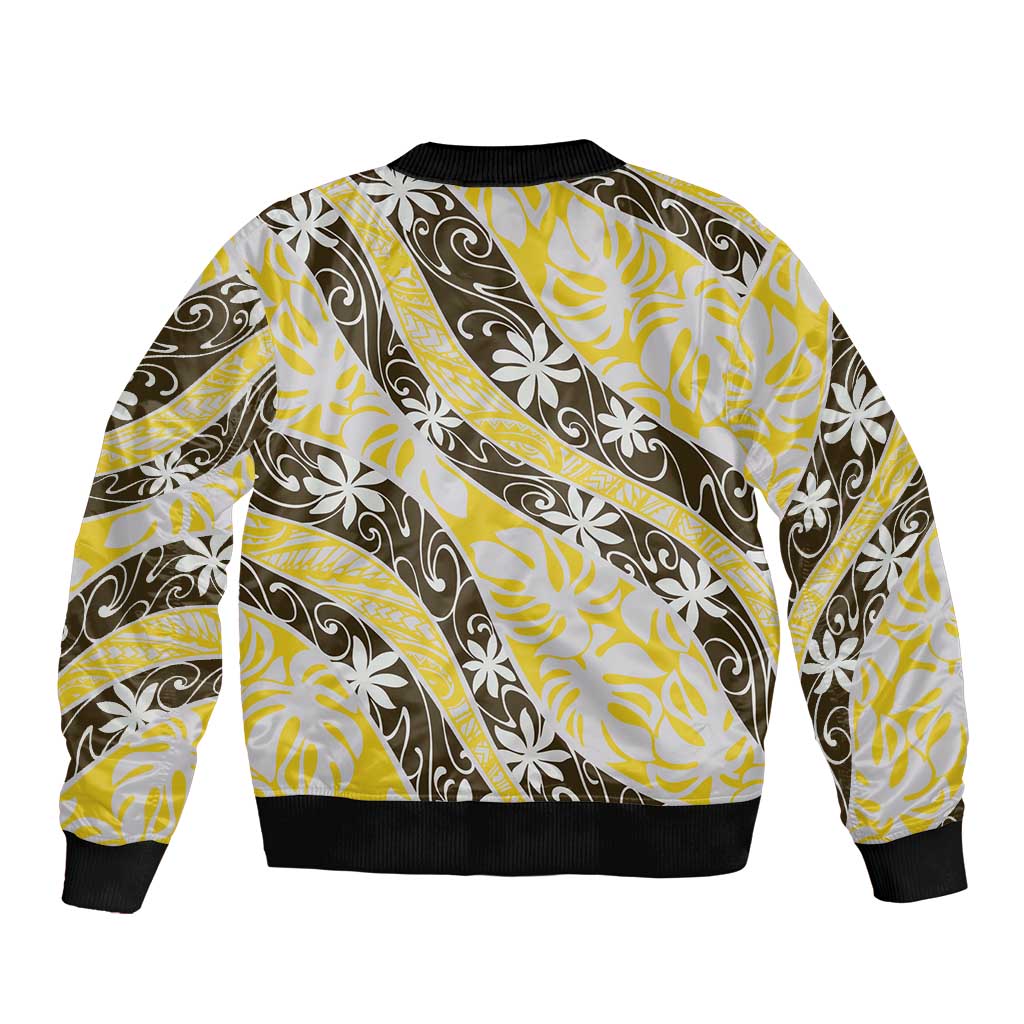 Rearea Tahiti Tiare Monstera Sleeve Zip Bomber Jacket Polynesian Pattern Curve Style LT01 - Polynesian Pride