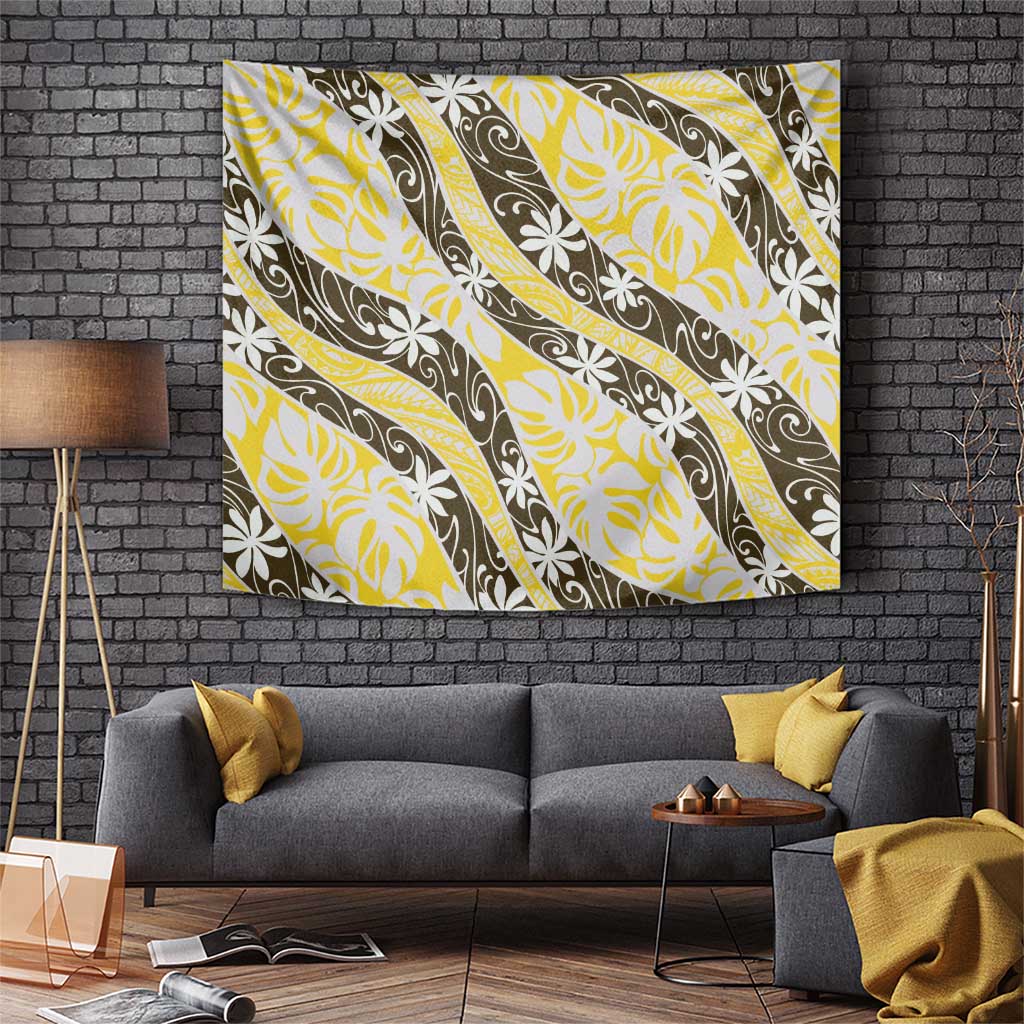 Rearea Tahiti Tiare Monstera Tapestry Polynesian Pattern Curve Style LT01 Yellow - Polynesian Pride