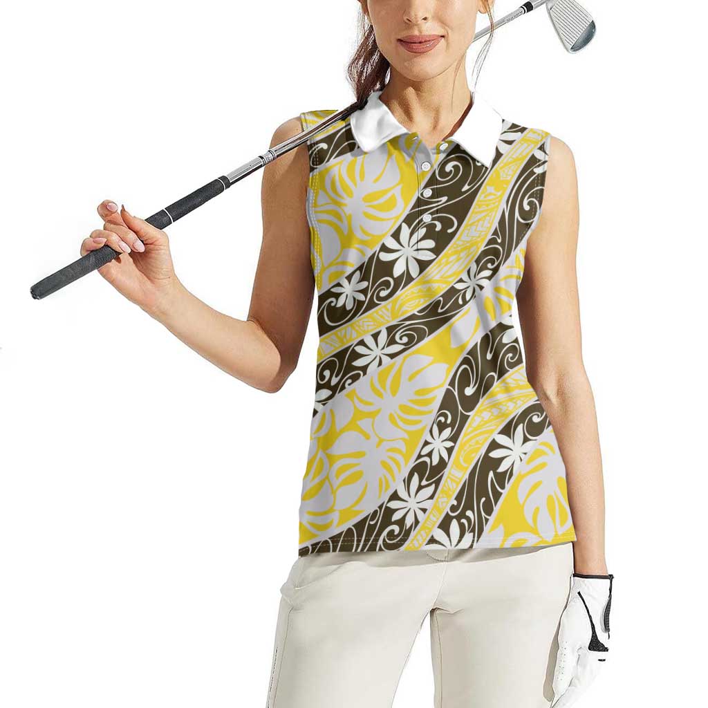 Rearea Tahiti Tiare Monstera Women Sleeveless Polo Shirt Polynesian Pattern Curve Style - Polynesian Pride
