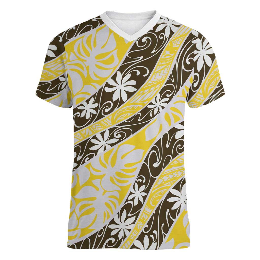 Rearea Tahiti Tiare Monstera Women V-Neck T-Shirt Polynesian Pattern Curve Style LT01 Female Yellow - Polynesian Pride