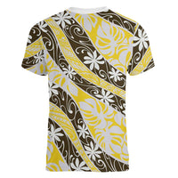 Rearea Tahiti Tiare Monstera Women V-Neck T-Shirt Polynesian Pattern Curve Style - Polynesian Pride
