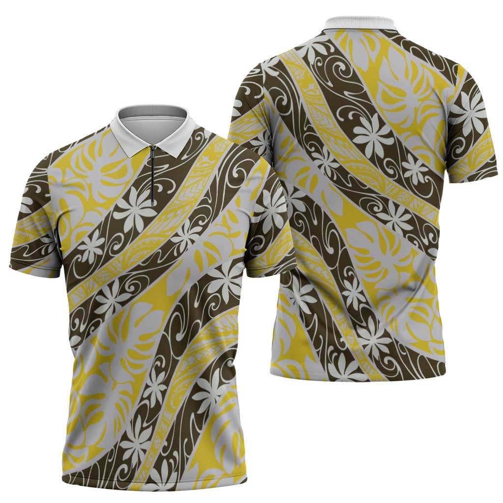 Rearea Tahiti Tiare Monstera Zipper Polo Shirt Polynesian Pattern Curve Style - Polynesian Pride