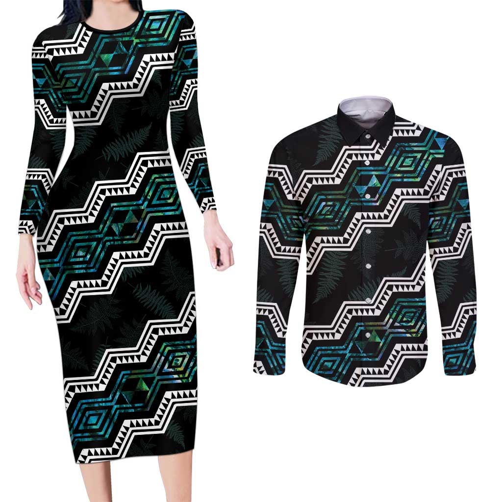 Personalised Taniko Aotearoa Mix Paua Shell Couples Matching Long Sleeve Bodycon Dress and Long Sleeve Button Shirt Niho Taniwha Turquoise Glitter LT01 Turquoise - Polynesian Pride