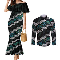 Personalised Taniko Aotearoa Mix Paua Shell Couples Matching Mermaid Dress and Long Sleeve Button Shirt Niho Taniwha Turquoise Glitter LT01 Turquoise - Polynesian Pride