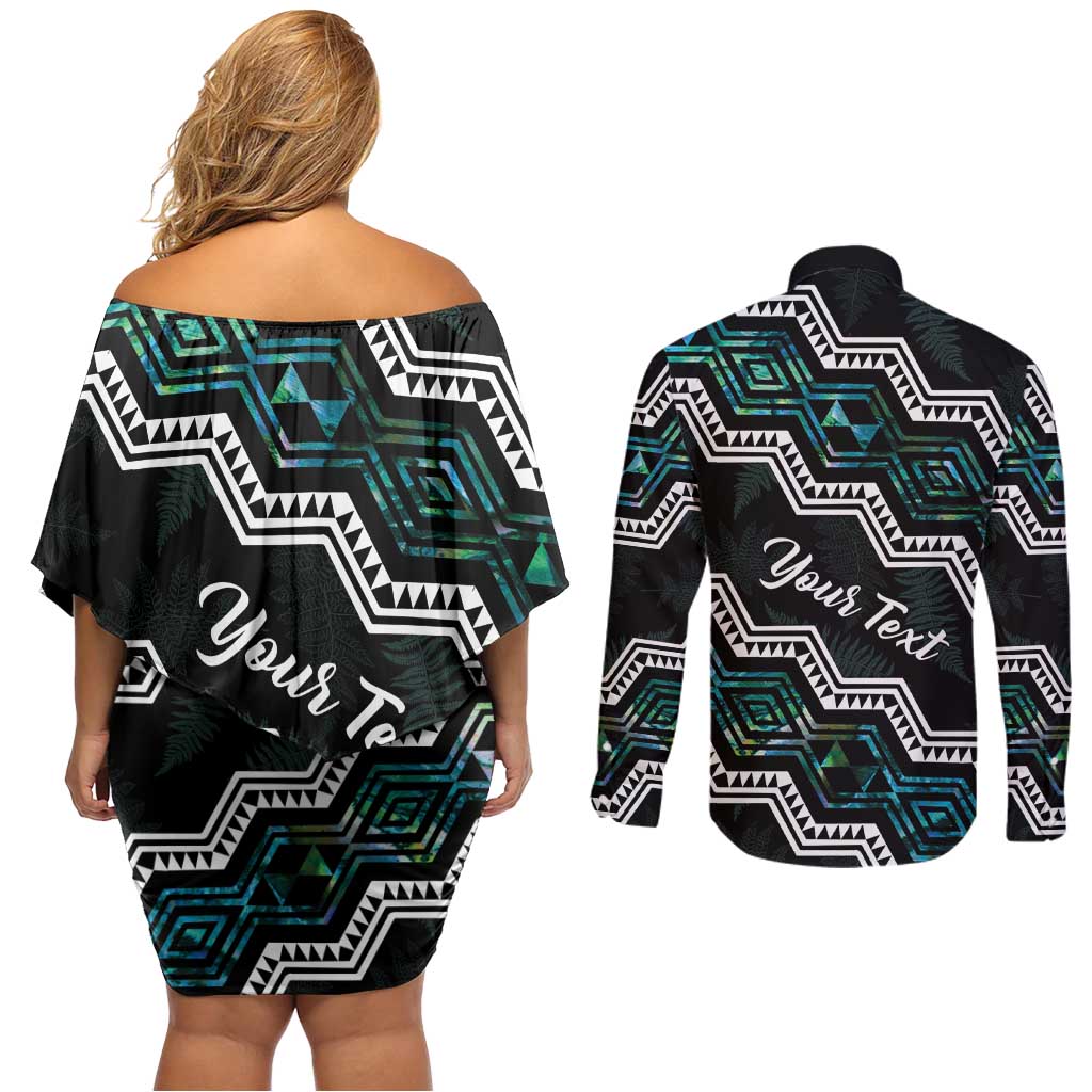 Personalised Taniko Aotearoa Mix Paua Shell Couples Matching Off Shoulder Short Dress and Long Sleeve Button Shirt Niho Taniwha Turquoise Glitter