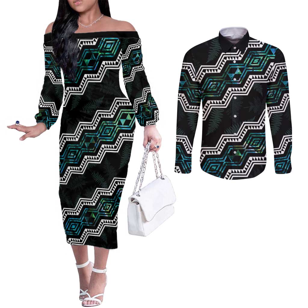 Personalised Taniko Aotearoa Mix Paua Shell Couples Matching Off The Shoulder Long Sleeve Dress and Long Sleeve Button Shirt Niho Taniwha Turquoise Glitter