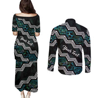 Personalised Taniko Aotearoa Mix Paua Shell Couples Matching Puletasi and Long Sleeve Button Shirt Niho Taniwha Turquoise Glitter