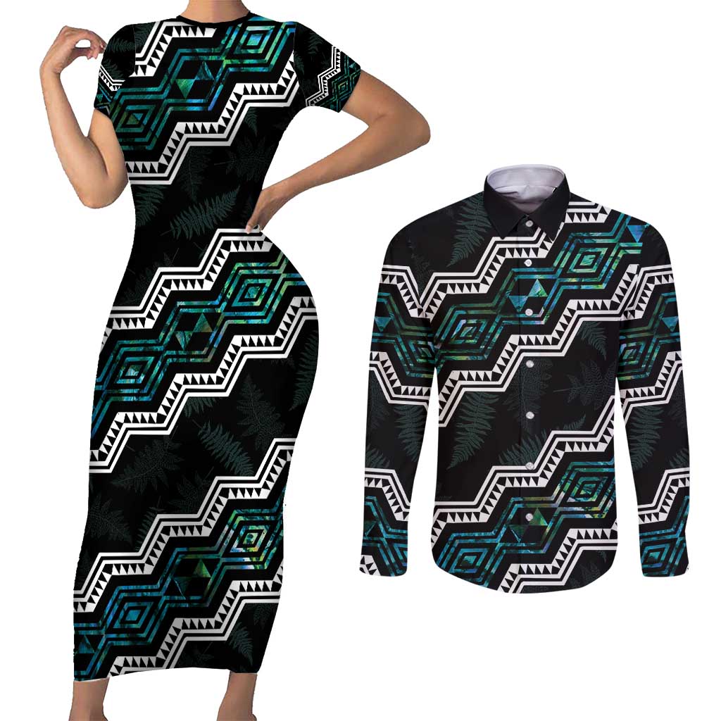 Personalised Taniko Aotearoa Mix Paua Shell Couples Matching Short Sleeve Bodycon Dress and Long Sleeve Button Shirt Niho Taniwha Turquoise Glitter LT01 Turquoise - Polynesian Pride