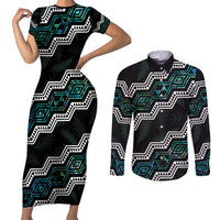 Personalised Taniko Aotearoa Mix Paua Shell Couples Matching Short Sleeve Bodycon Dress and Long Sleeve Button Shirt Niho Taniwha Turquoise Glitter LT01 Turquoise - Polynesian Pride