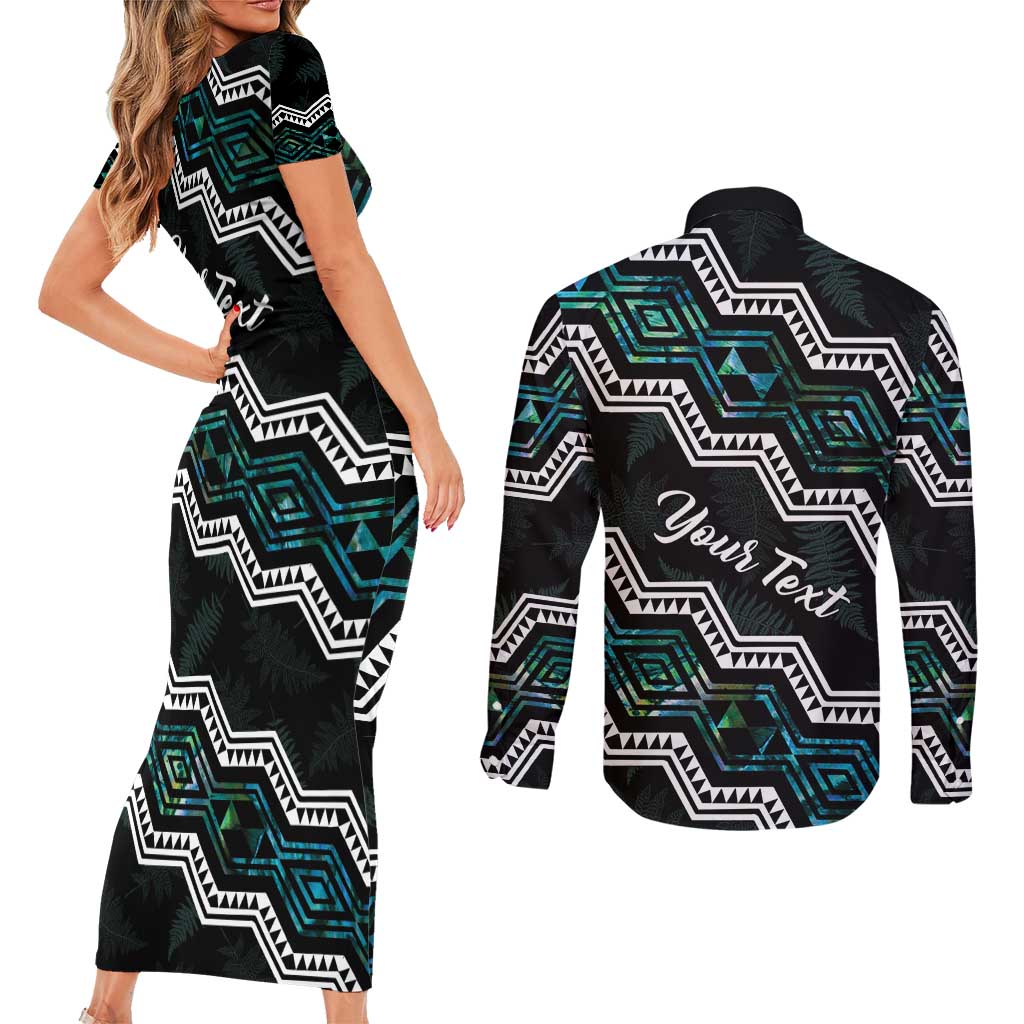 Personalised Taniko Aotearoa Mix Paua Shell Couples Matching Short Sleeve Bodycon Dress and Long Sleeve Button Shirt Niho Taniwha Turquoise Glitter LT01 - Polynesian Pride