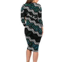 Personalised Taniko Aotearoa Mix Paua Shell Family Matching Long Sleeve Bodycon Dress and Hawaiian Shirt Niho Taniwha Turquoise Glitter