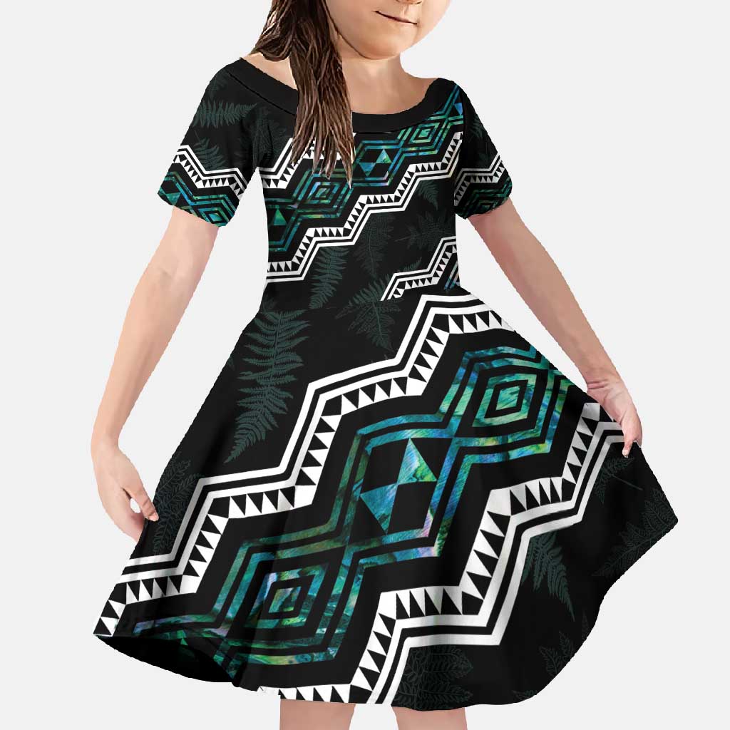 Personalised Taniko Aotearoa Mix Paua Shell Family Matching Off Shoulder Maxi Dress and Hawaiian Shirt Niho Taniwha Turquoise Glitter LT01 Daughter's Dress Turquoise - Polynesian Pride