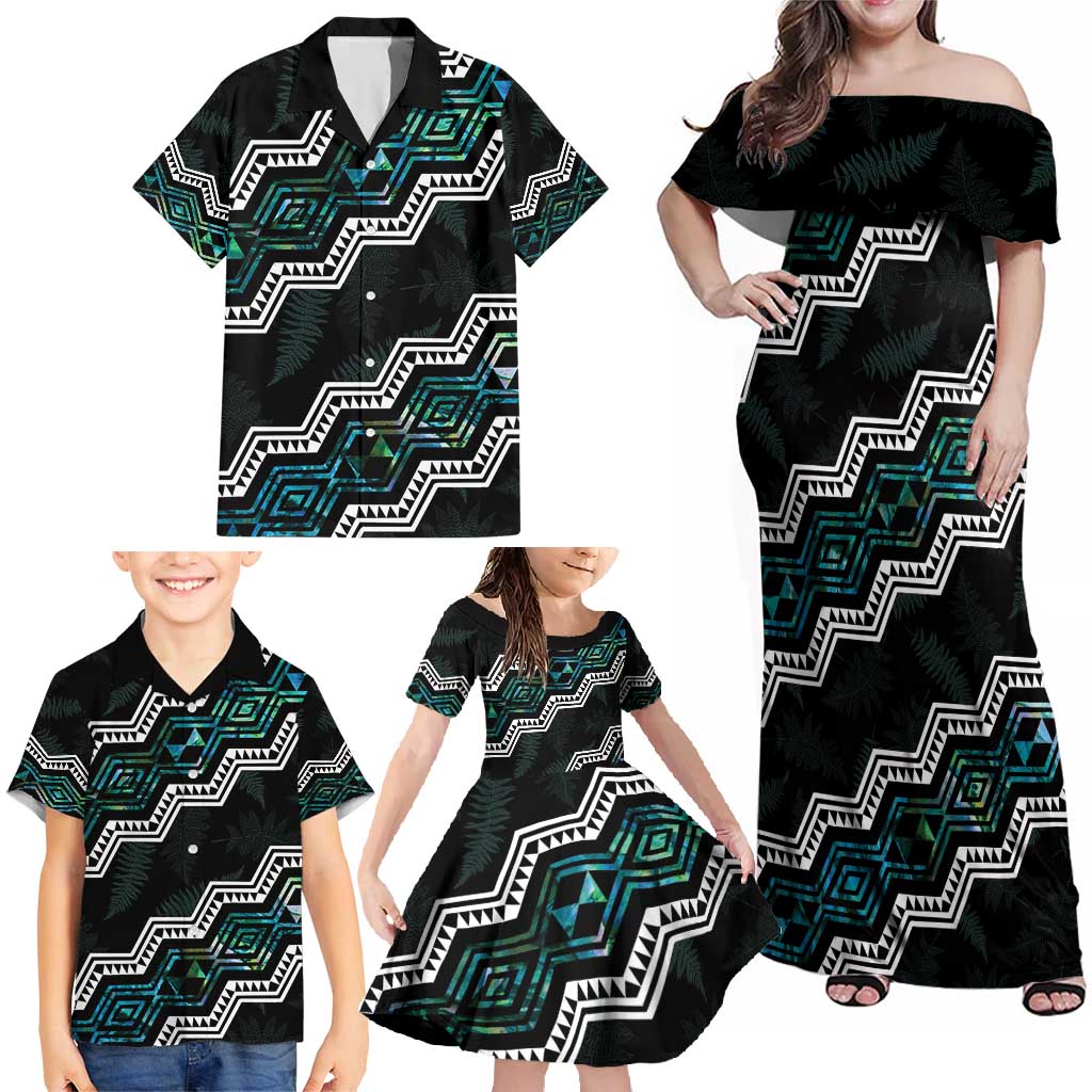 Personalised Taniko Aotearoa Mix Paua Shell Family Matching Off Shoulder Maxi Dress and Hawaiian Shirt Niho Taniwha Turquoise Glitter LT01 - Polynesian Pride