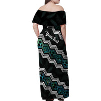 Personalised Taniko Aotearoa Mix Paua Shell Family Matching Off Shoulder Maxi Dress and Hawaiian Shirt Niho Taniwha Turquoise Glitter LT01 - Polynesian Pride