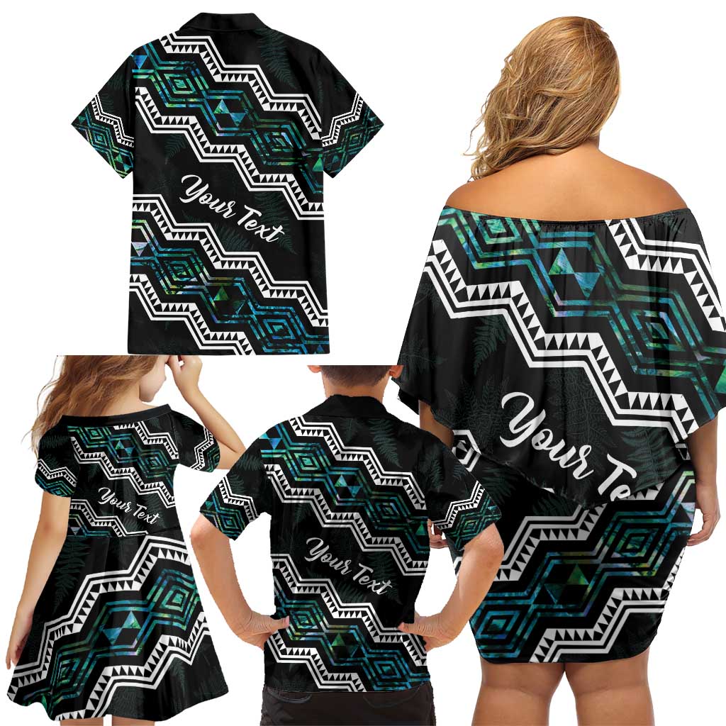 Personalised Taniko Aotearoa Mix Paua Shell Family Matching Off Shoulder Short Dress and Hawaiian Shirt Niho Taniwha Turquoise Glitter LT01 - Polynesian Pride