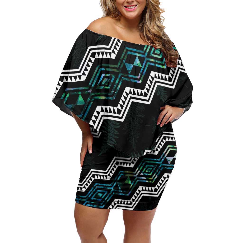 Personalised Taniko Aotearoa Mix Paua Shell Family Matching Off Shoulder Short Dress and Hawaiian Shirt Niho Taniwha Turquoise Glitter LT01 Mom's Dress Turquoise - Polynesian Pride