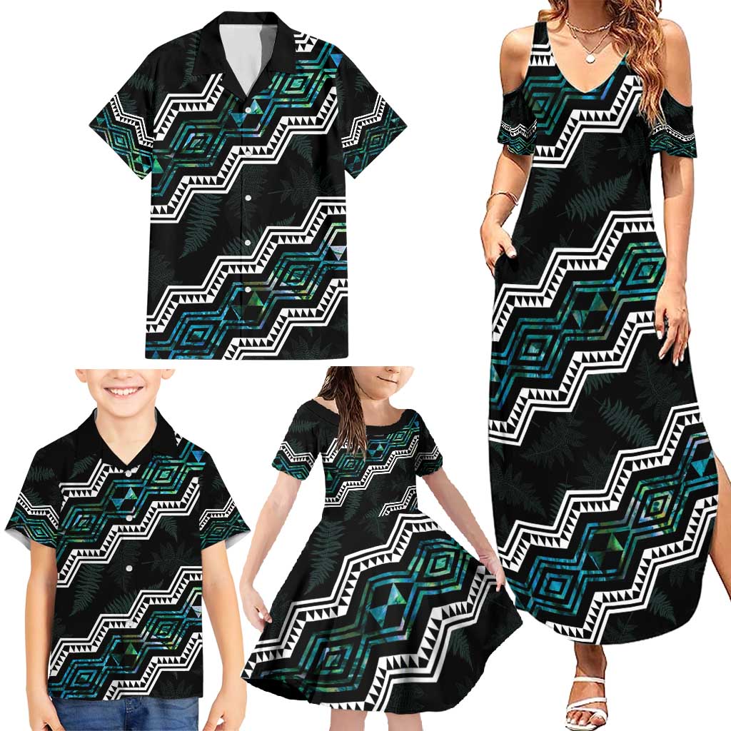 Personalised Taniko Aotearoa Mix Paua Shell Family Matching Summer Maxi Dress and Hawaiian Shirt Niho Taniwha Turquoise Glitter LT01 - Polynesian Pride