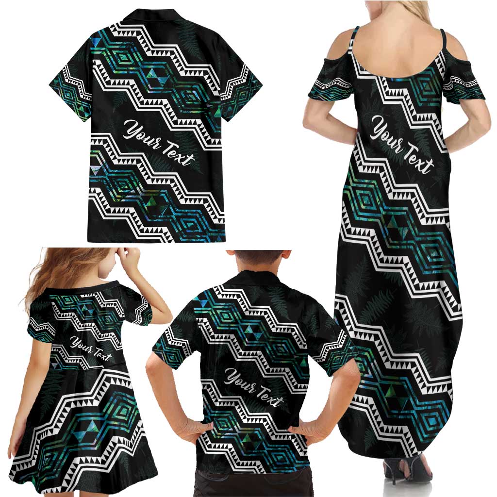 Personalised Taniko Aotearoa Mix Paua Shell Family Matching Summer Maxi Dress and Hawaiian Shirt Niho Taniwha Turquoise Glitter LT01 - Polynesian Pride