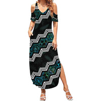 Personalised Taniko Aotearoa Mix Paua Shell Family Matching Summer Maxi Dress and Hawaiian Shirt Niho Taniwha Turquoise Glitter LT01 Mom's Dress Turquoise - Polynesian Pride