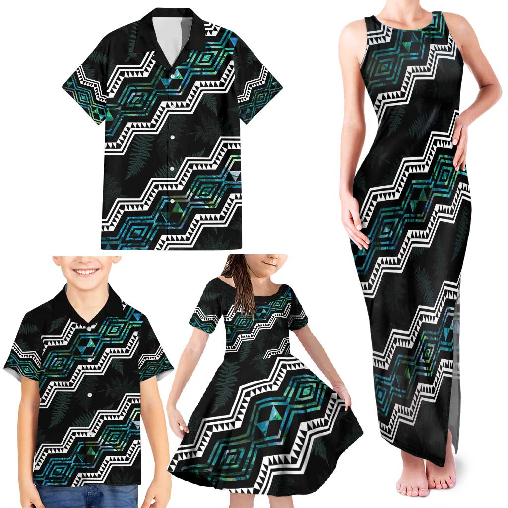 Personalised Taniko Aotearoa Mix Paua Shell Family Matching Tank Maxi Dress and Hawaiian Shirt Niho Taniwha Turquoise Glitter LT01 - Polynesian Pride