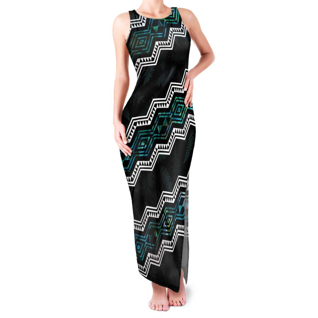 Personalised Taniko Aotearoa Mix Paua Shell Family Matching Tank Maxi Dress and Hawaiian Shirt Niho Taniwha Turquoise Glitter LT01 Mom's Dress Turquoise - Polynesian Pride