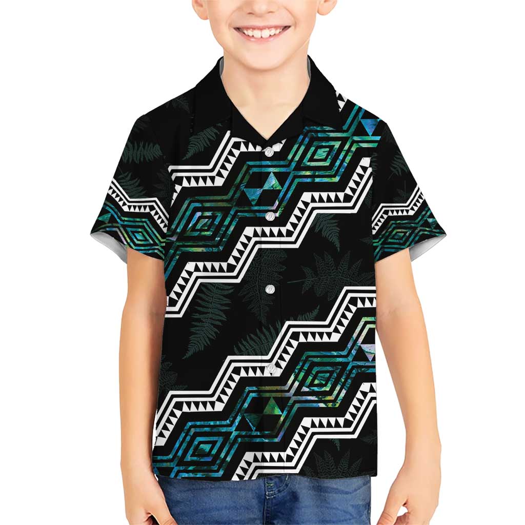 Personalised Taniko Aotearoa Mix Paua Shell Kid Hawaiian Shirt Niho Taniwha Turquoise Glitter LT01 Kid Turquoise - Polynesian Pride