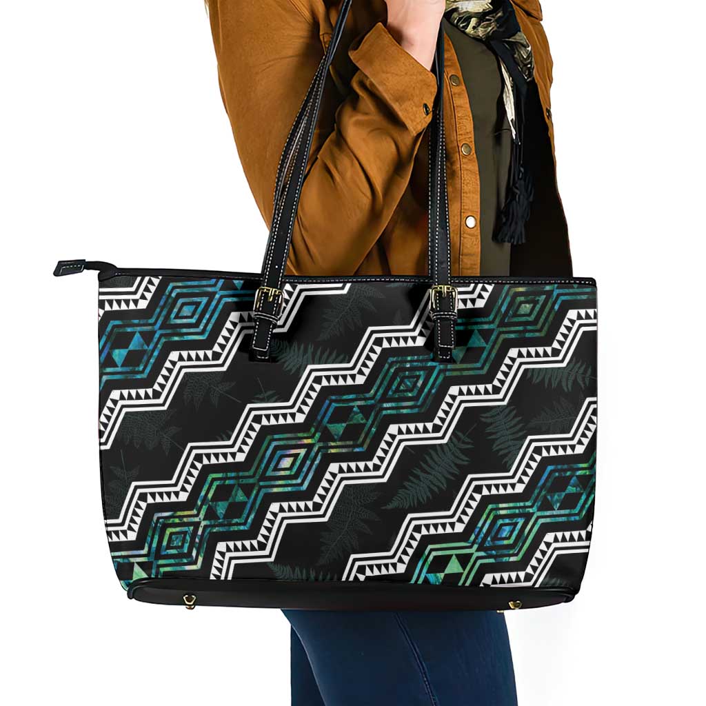 Personalised Taniko Aotearoa Mix Paua Shell Leather Tote Bag Niho Taniwha Turquoise Glitter